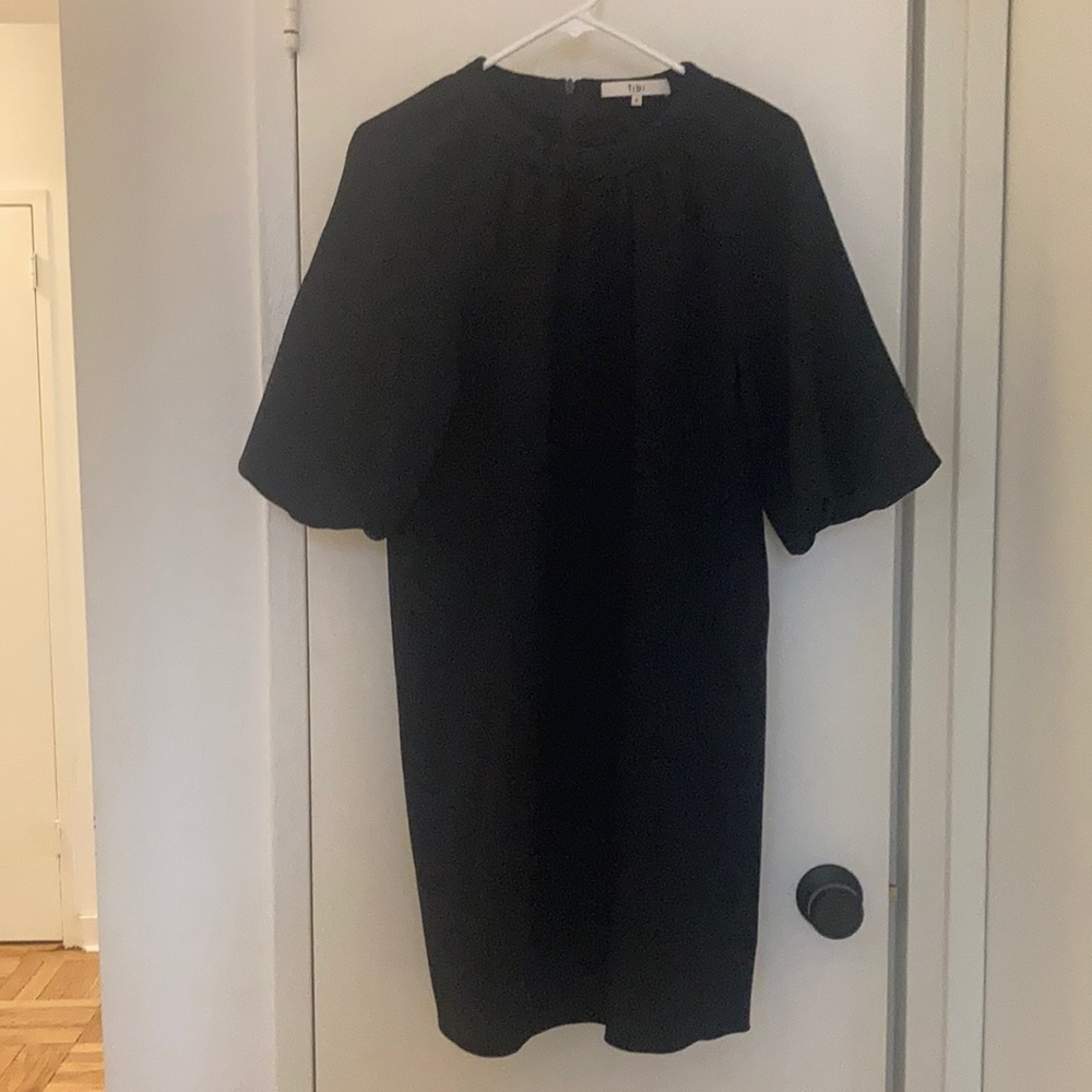 Tibi Shirred Neck Mica Crepe Shift Dress in Navy 4